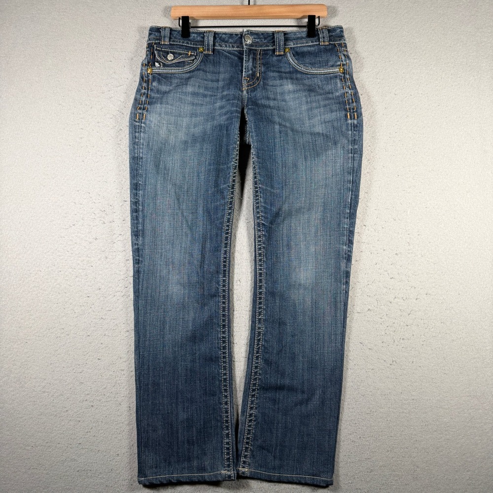 MEK Denim Mens New York Bootcut Jeans Blue Medium Wash Thick Stitch Size 31x32